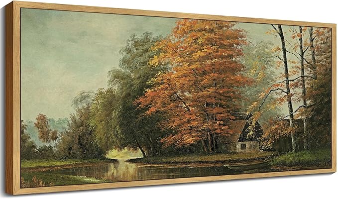 SHENIFY Vintage Framed Wall Art Countryside River Landscape Painting Retro Fall Scenery Farmhouse Kitchen Living Room Decor - 8x16in Natural Framed