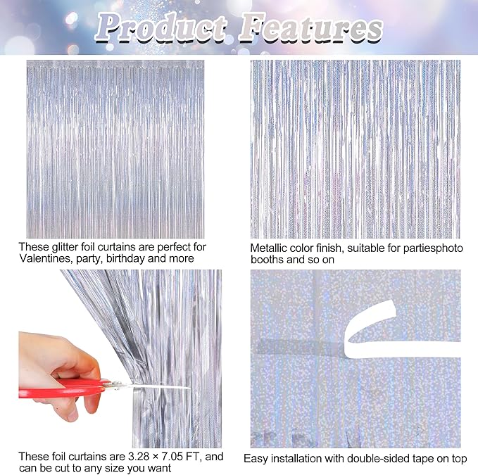 12 Pack Fringe Backdrop, 3.28 FT x 7.08 FT Glitter Silver Tinsel Curtain, Metallic Foil Curtains Party Streamer Disco Backdrop, Silver Party Decorations for New Year Birthday Holiday