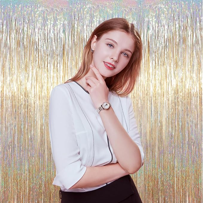 3.3 x 6.6 ft Foil Fringe Backdrop Curtains, Tinsel Streamers Party Decorations, Fringe Backdrop for Birthday, Baby Shower, Gender Reveal, Graduation (6, Champagne)