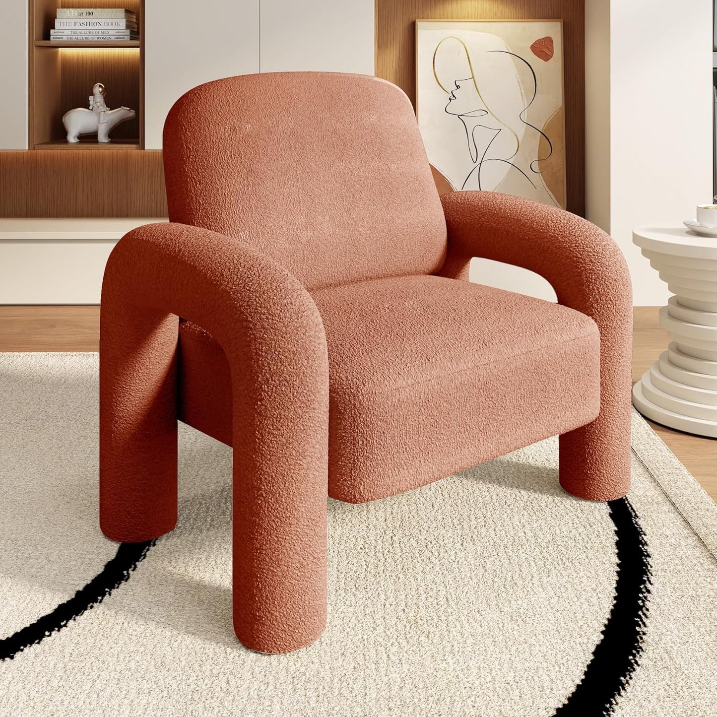 Modern Sherpa Accent Chair, Teddy Upholstered Arm Single Sofa, Cozy Fluffy Reading Chair for Living Room, Bedrooms, Corner (Orange)