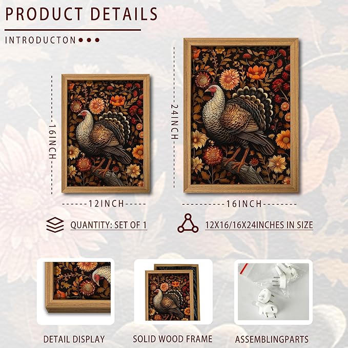 Framed Vintage Turkey 3D Textures Wall Art – Fall Floral Thanksgiving Wall Decor, Rustic Autumn Harvest Bird Artwork Painting for Living Room Kitchen Dining Room – 16x24in