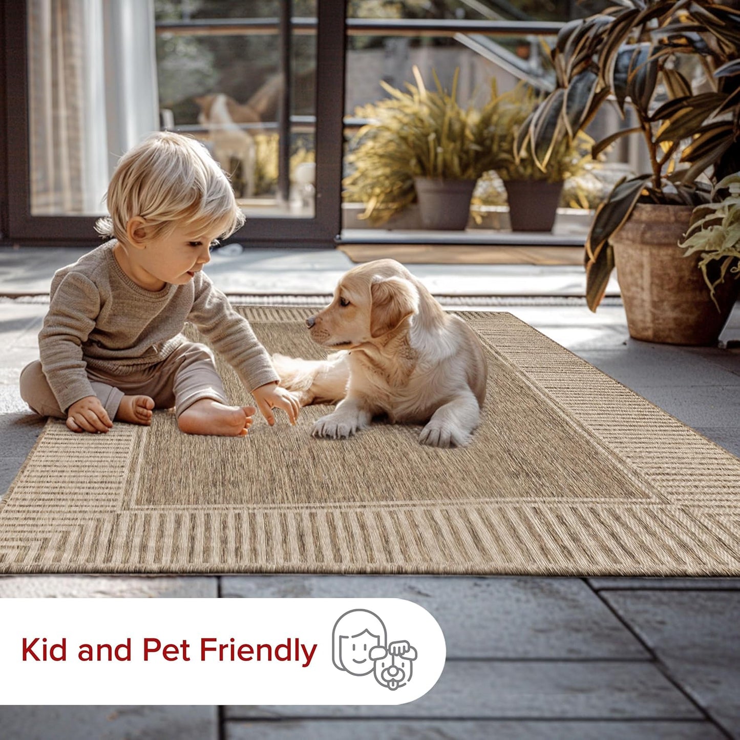 nuLOOM 4' x 6' Outdoor Area Rug, Casual Design With Striped Border, Stain Resistant, Highly Durable, For Patio, Balcony, Bedroom, Living Room, Dining Room, Bathroom, Light Brown
