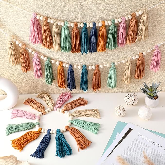 Zeyune 3 Pcs Boho Tassel Garland Boho Rainbow Wall Decor Colorful Pastel Tassel Wall Hanging with Wood Beads for Classroom Kids Bedroom Baby Shower Back to School Birthday Party Supplies