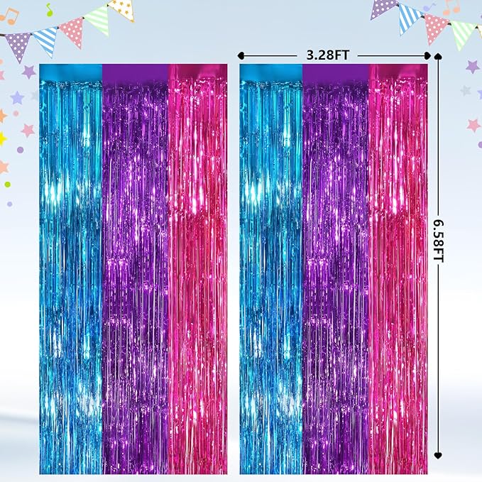 2Pack Blue Purple Pink Party Streamers, Blue Metallic Tinsel Streamers for Birthday Wedding Party Decors Graduation Baby Shower, Photo Booth Props for Bachelorette Decors Xmas Halloween Party Backdrop