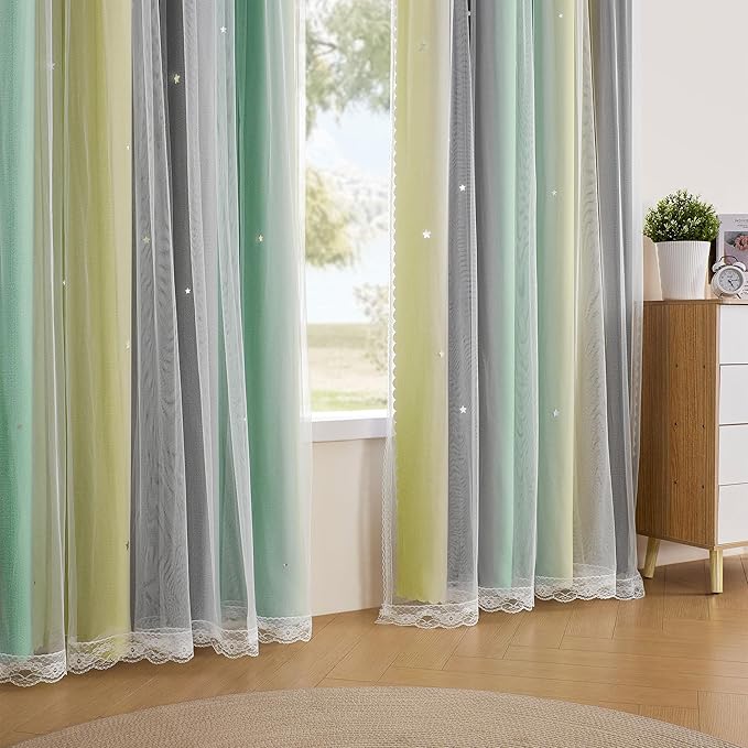 XiDi Yellow & Rainbow Curtains for Kids & Girls Room - Blackout, Grey & Green 52x63 Inch Long 1 Panel with Unicorn Wall Decals