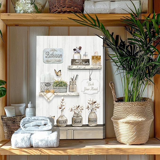 Farmhouse Bathroom Wall Art Rustic Cotton Flower Bathroom Canvas Wall Decor Vintage Relax Soak Unwind Sign Painting Country Flower Bath Canvas Prints Artwork for Washroom Home Decor 12x16 Inch