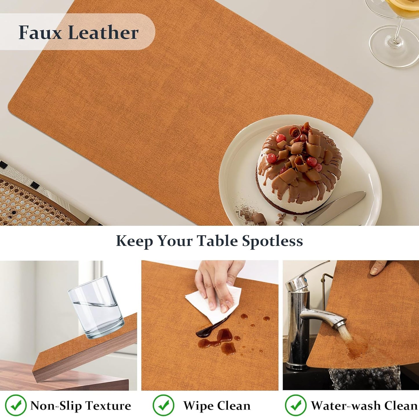 FROMHEART Faux Leather Placemats Set of 4–Waterproof,Heat/Oil Stain-Resistant PU Table Mat–Reversible,Non-Slip,Easy to Clean Place Mats for Kitchen,Dining,Indoor/Outdoor,(Orange-Grey,11.8" x 17")