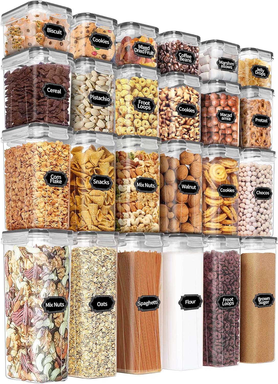 PRAKI Airtight Food Storage Containers Set with Lids - 24 PCS, BPA Free Kitchen and Pantry Organization, Plastic Leak-proof Canisters for Cereal Flour & Sugar - Labels & Marker(Grey)