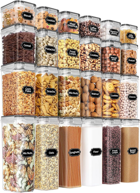 PRAKI Airtight Food Storage Containers Set with Lids - 24 PCS, BPA Free Kitchen and Pantry Organization, Plastic Leak-proof Canisters for Cereal Flour & Sugar - Labels & Marker(Grey)