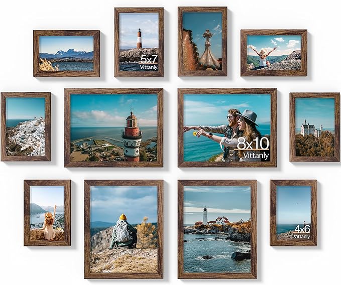 Vittanly 12 Pack Picture Frames Collage Wall Decor for Mounting or Tabletop Display, Gallery Wall Frame Set for Family, Multi Sizes Including 4pcs 8x10, 4pcs 5x7, 4pcs 4x6, Brown