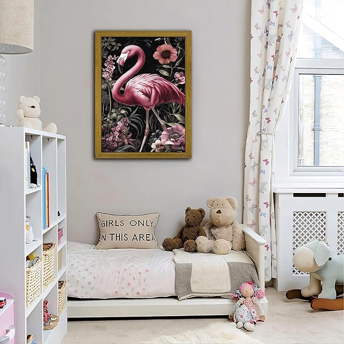 Framed 3D Textured Wall Art, Hand Drawn Sandstone Flamingos Wall Decor Paintings, Vintage Animal Floral Botanical Aesthetic Picture, Pink Academia Decor for Living Room Bathroom Home 12x16 inch