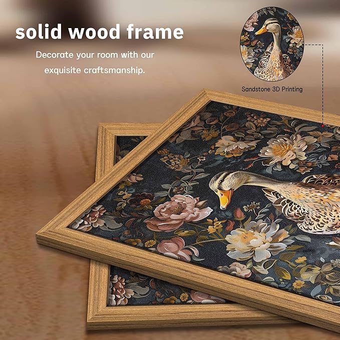Vintage Duck Framed Wall Art, William Morris Floral Wall Decor, Cottagecore 3D Textured Art Print, Hand Drawn Sandstone Nature Botanical Pictures for Living Room Bedroom 12x16 inch