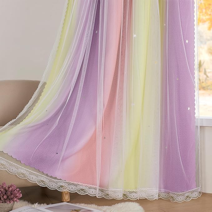 XiDi Curtains for Bedroom Decor, Rainbow Pink PurpleYellow34/54/1