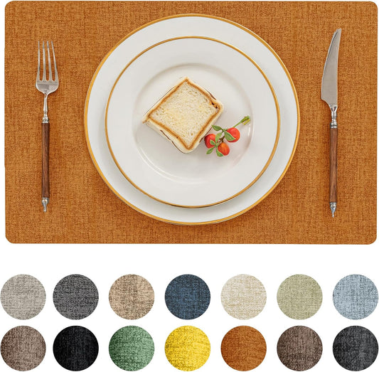 Romanstile Fall Vinyl Placemats Set of 8-12 X 18 Inch - Heat Resistant Place Mats 100% Waterproof Oilproof Wipeable Reversible Faux Leather Table Mats for Kitchen/Dining/Party/Outdoor, Orange