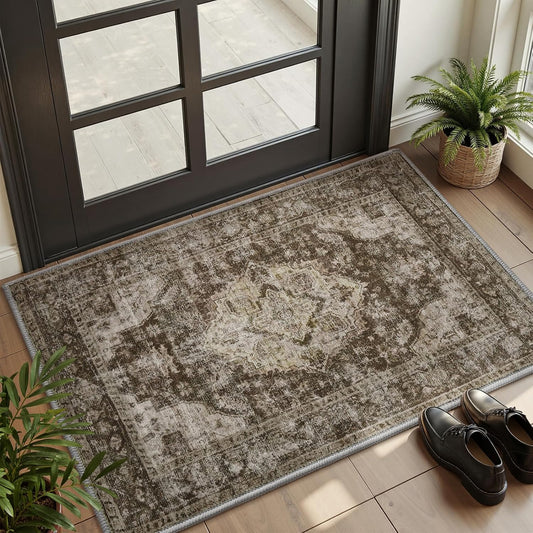 AMOAMI-2X3 Small Rug-Washable Rugs Entryway Mat Indoor-Soft Vintage Non Slip Rugs for Kitchen Laundry Room Bathroom Brown/Coffee Decorative Accent Rug for in Front of Sink 24 Inch x36 Inch