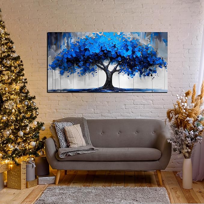 Blue Wall Art Large Tree of Life Wall Art for Living Room Bedroom Office Bathroom Modern Framed Canvas Prints Blue and Grey Picture Size 30x60