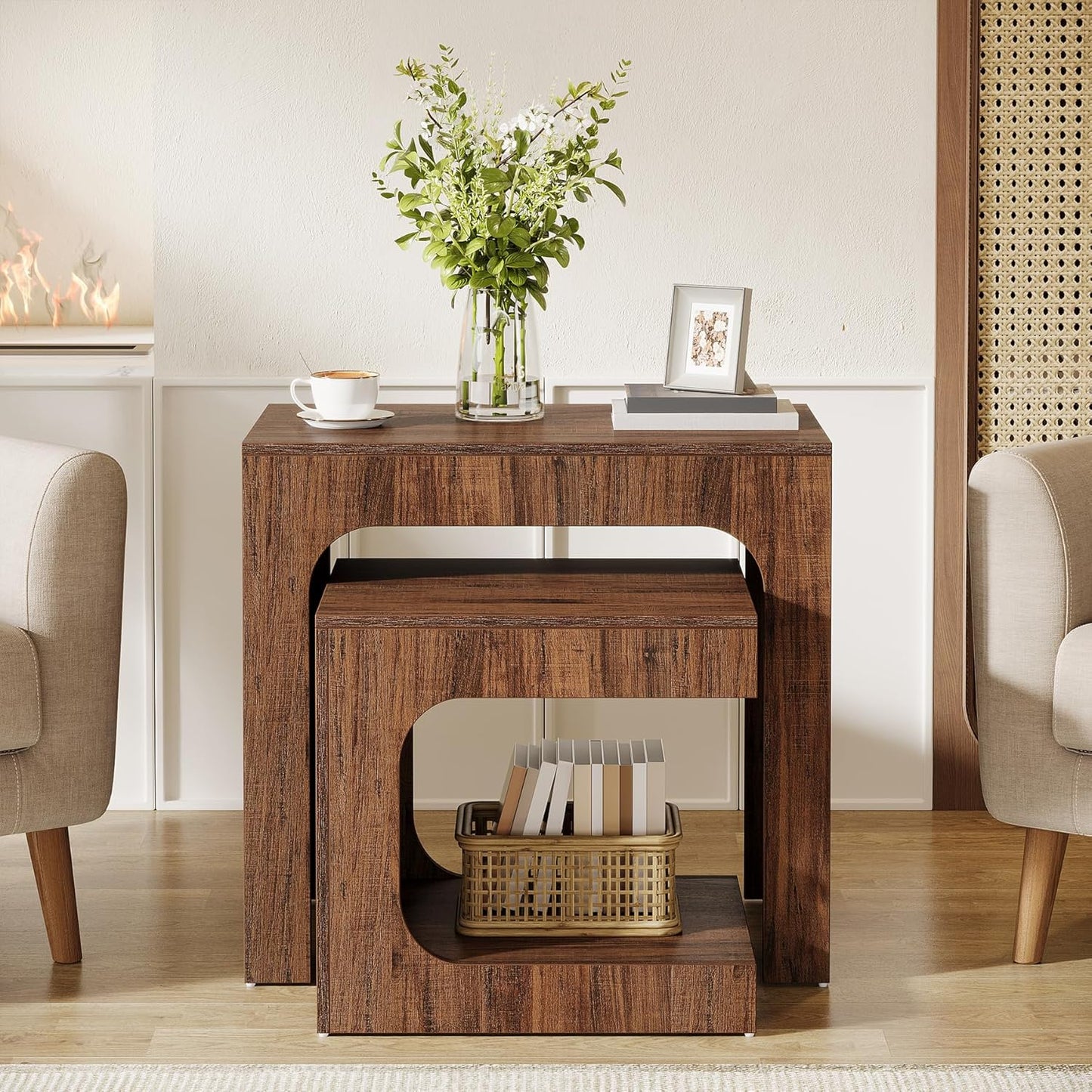Tribesigns Nesting End Table Set, Walnut Side Table for Living Room, Night Stand Set for Bedroom, Small Spaces, Brown