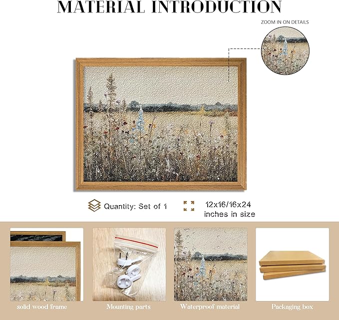 Vintage Landscape Wall Art, 3D Textured Nature Rustic Farmhouse Wall Decor Painting, Hand Drawn Sandstone Country Wildflowers Artwork Picture for Living Room Bedroom 16x24 Inch Framed