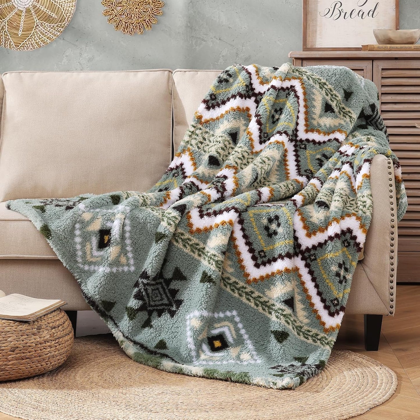 CASAAGUSTO Boho Sherpa Blanket, Aztec Twin Blanket,Ultra Soft, Warm, Cozy, Plush, Thick Fleece Throw Blanket for Couch, Bed, Sofa (Olive Green 60 * 80 Inch)