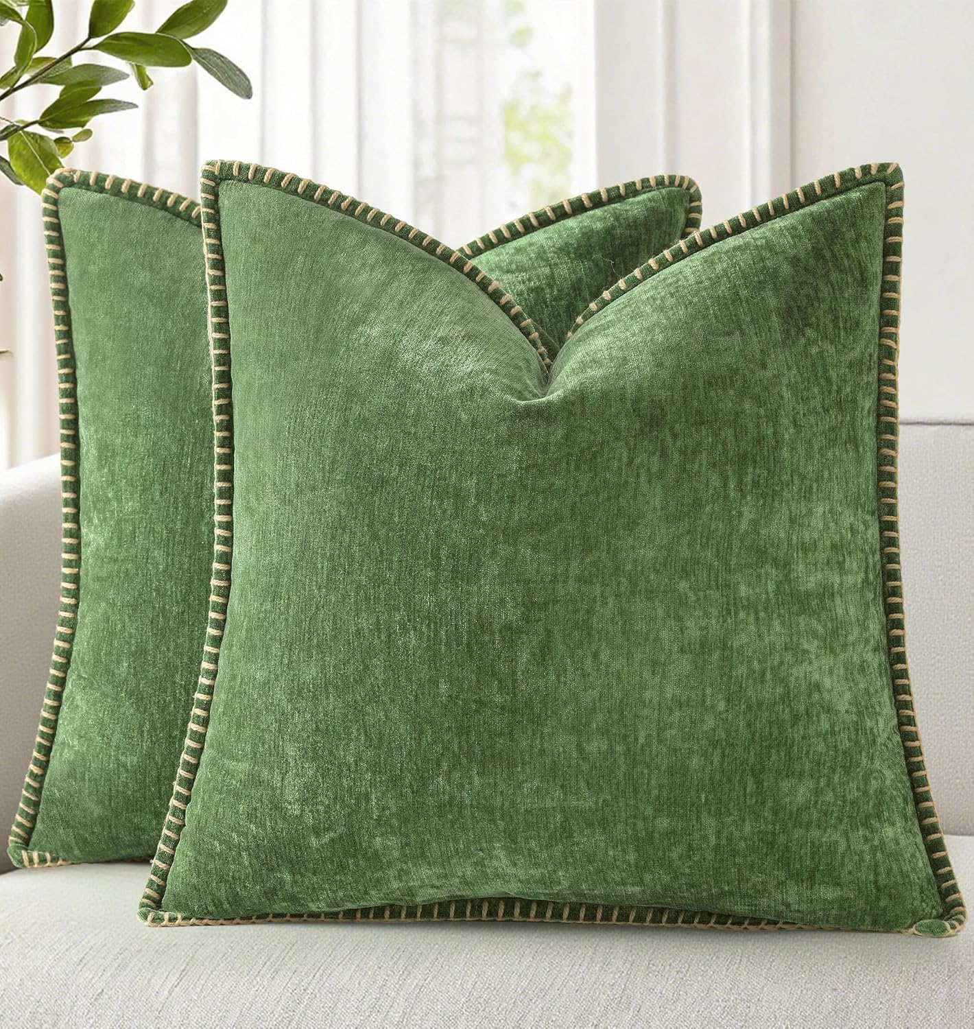 decorUhome Fall Chenille Soft Throw Pillow Covers 16x16 Set of 2, Farmhouse Velvet Neutral Decorative Euro Pillow Covers with Stitched Edge for Couch Sofa Bed Home Decor, Forest Elf