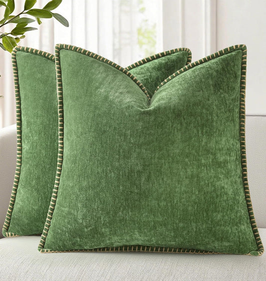 decorUhome Fall Chenille Soft Throw Pillow Covers 16x16 Set of 2, Farmhouse Velvet Neutral Decorative Euro Pillow Covers with Stitched Edge for Couch Sofa Bed Home Decor, Forest Elf
