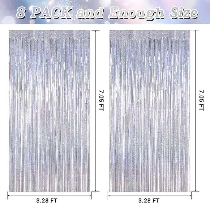 8 Pack 3.28 FT x 7.05 FT Tinsel Foil Fringe Backdrop, Glitter Silver Fringe Tinsel, Metallic Foil Curtains Door Streamer Disco Photo Backdrop Foil Streamer Decor Engagement Party Supplies