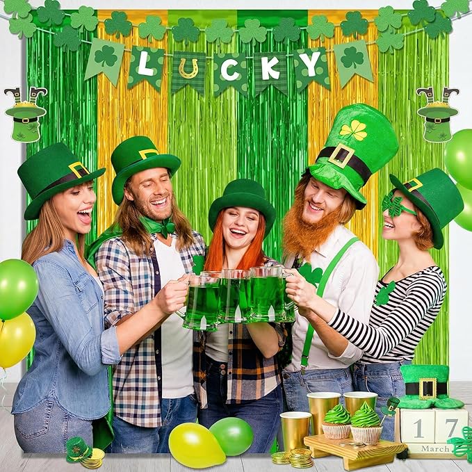 2 Pack St Patrick Party Decorations, Green Party Backdrop Green Gold Light Green Backdrop Curtains, Metallic St.Patrick Fringe Curtains Party Streamer Tinsel Backdrop, St Patrick Party Supplies