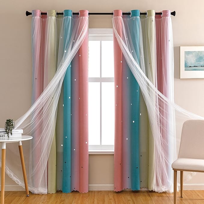 XiDi Dream Star Blackout Curtains for Kids Rooms Girl Princess Curtain for Daughter Bedroom Window (Pink Blue, W34 X L63)