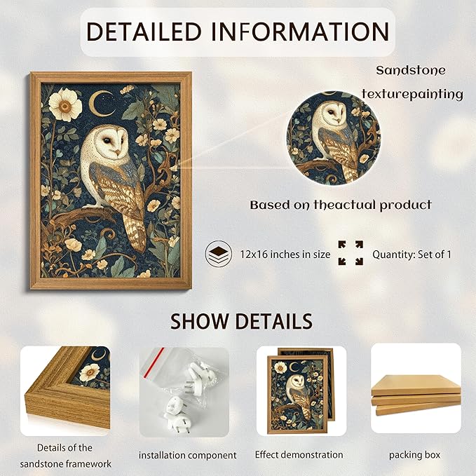Framed William Morris Wall Art, 3D Textured Cottagecore Vintage Barn Owl Wall Decor, Hand Drawn Sandstone Botanical Art, Dark Academia Flowers Artwork for Bedroom, Farmhouse Home Decor 12x16 inch
