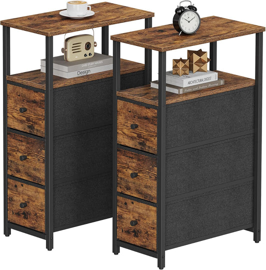 TUTOTAK Narrow Night Stand, Slim End Table, Tall Side Table with 3 Fabric Drawer, Small Bedside Table with Storage, Set of 2, for Living Room, Bedroom, Brown TB01BB072