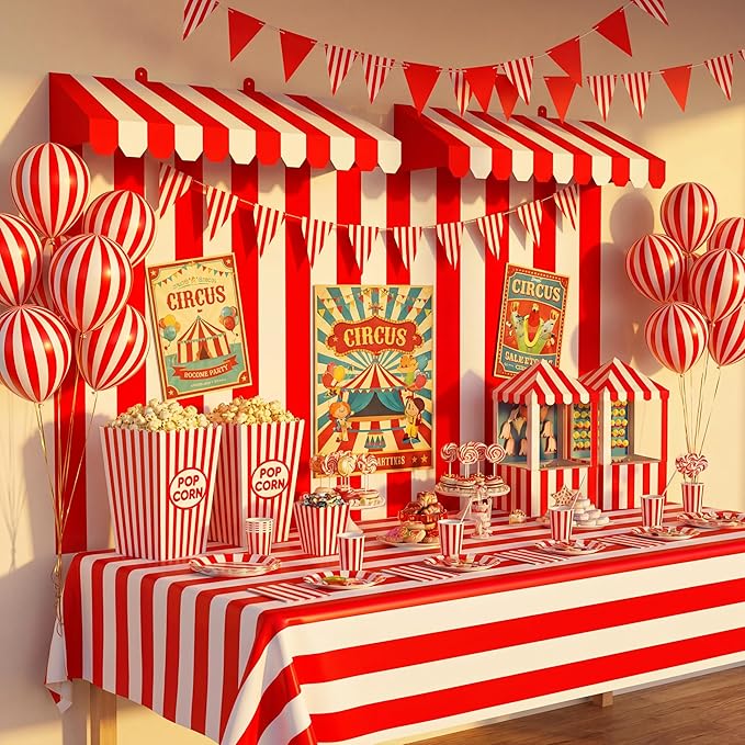 Boao 4 Pack Circus Awning Decoration 3D Stripe Cardboard Awning Carnival Wall Decor Circus Party Favors for Lemonade Stand Bakery Ice Cream Truck Bulletin Board(Red and White,Striped Style)