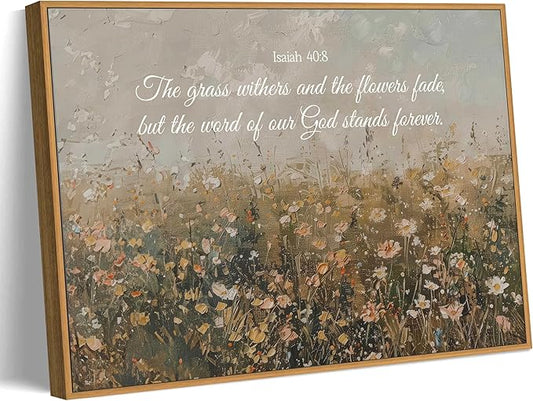Framed Christian Floral Scripture Canvas Wall Art Wildflower Meadow Bible Verse Wall Decor Picture Isaiah Religious Faith Art Poster Print for Living Room Bedroom Decoration 12x16in