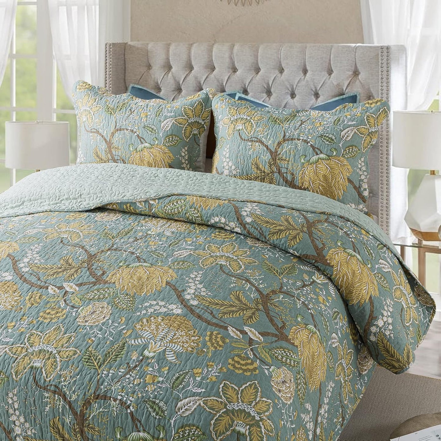 NEWLAKE Cotton Bedspread Quilt Sets-Reversible Patchwork Coverlet Set, Green Floral Pattern, Queen Size