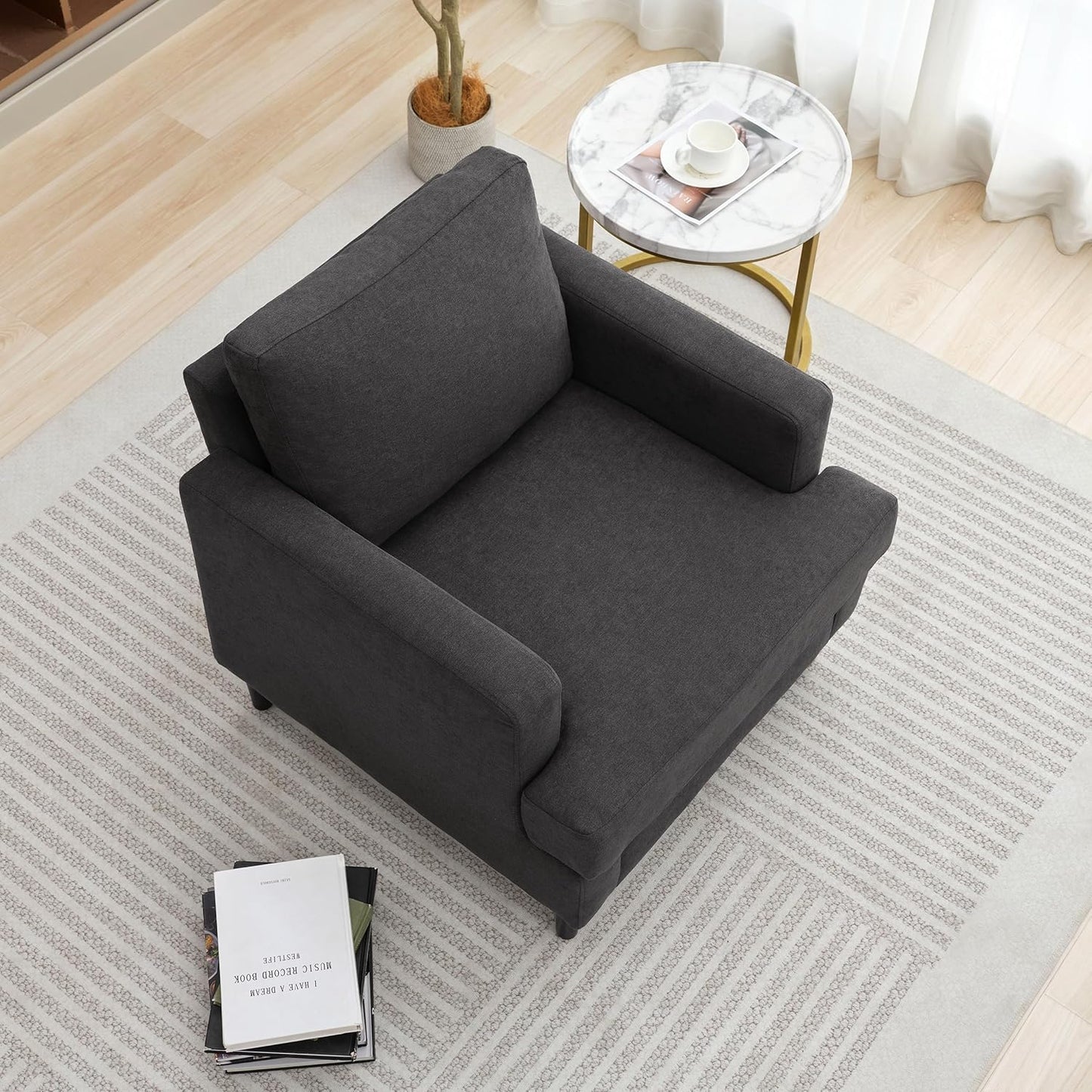 Mid-Century Accent Chair,Modern Linen Fabric Armchair for Living Room,Comfy Upholstered Reading Accent Chairs for Bedroom,Single Sofa Chair with Wood Legs (Dark Grey, 1 Pack)