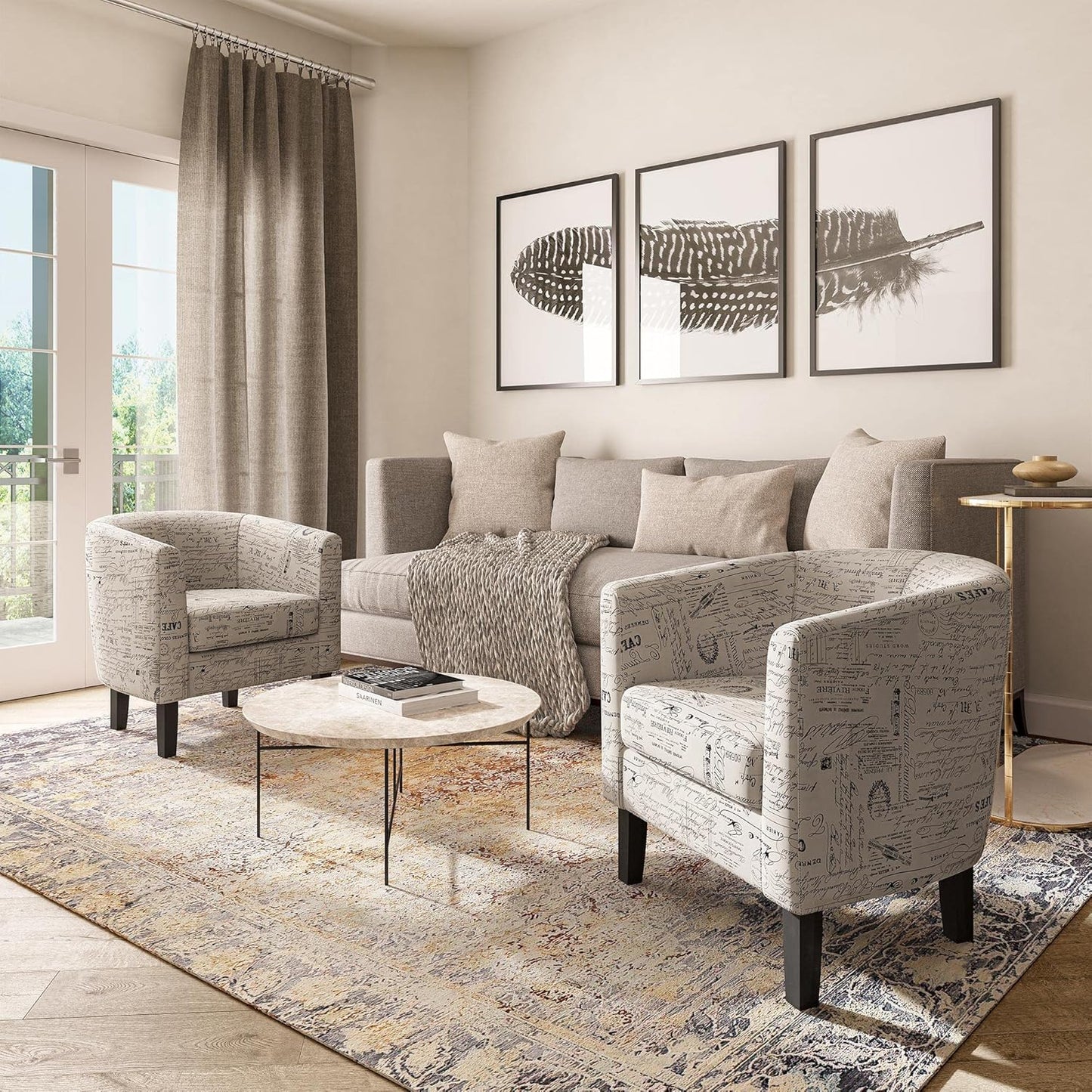 BELLEZE Accent Barrel Chair Set of 2, Linen Round Chair Club Tub Sofa Corner Chair with Flared Legs and Cozy Soft Padding for Living Room Bedroom Waiting Room - Black & Beige