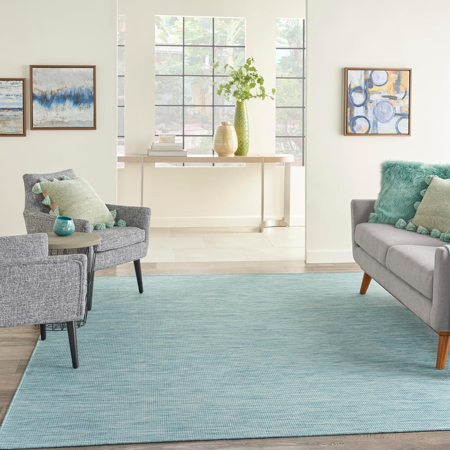 Nourison Positano Indoor/Outdoor Aqua 10' x 14' Area Rug, Easy Cleaning, Non Shedding, Bed Room, Living Room, Dining Room, Backyard, Deck, Patio (10x14)