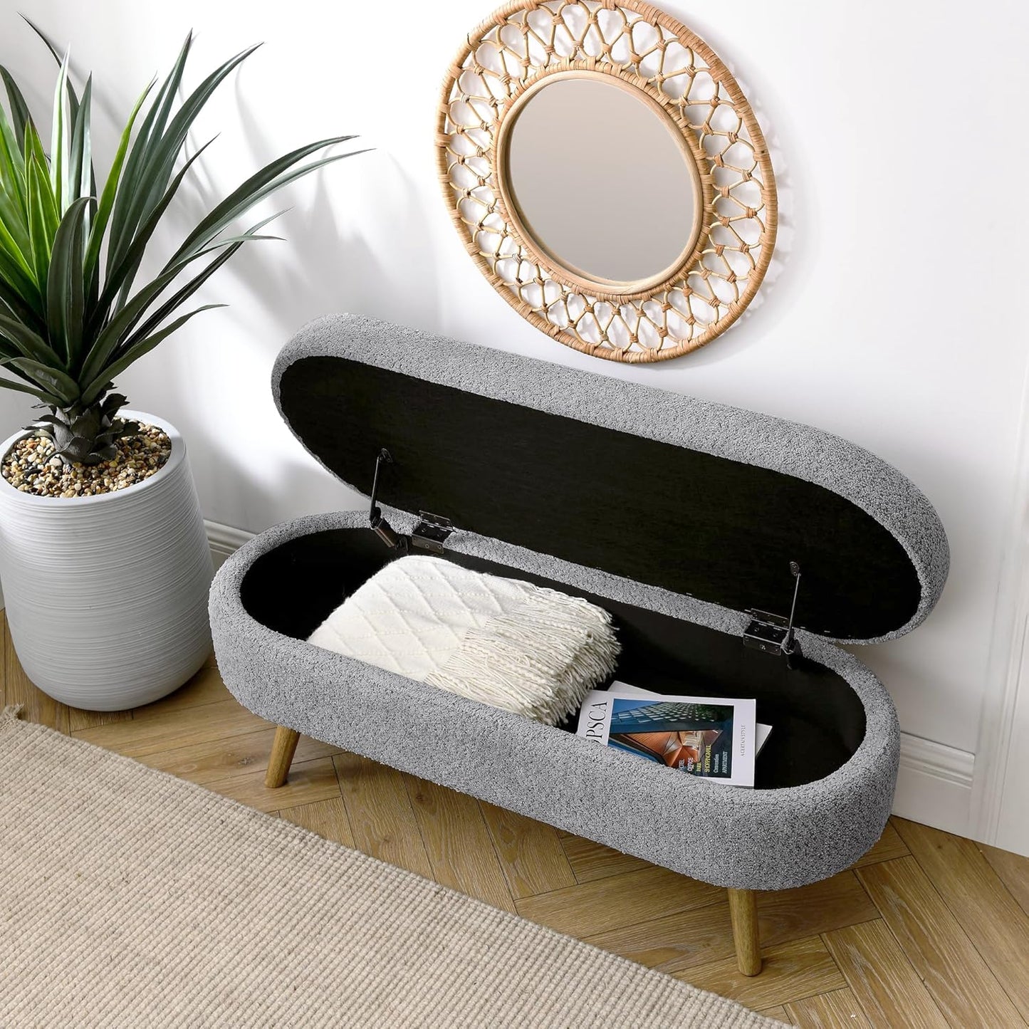 Oval Storage Bench 43.5" Linen Fabric Upholstered Entryway Bench with Solid Wood Legs Ottoman Bench Indoor Bench for Living Room/Bedroom/End of Bed/Entryway (New Grey)