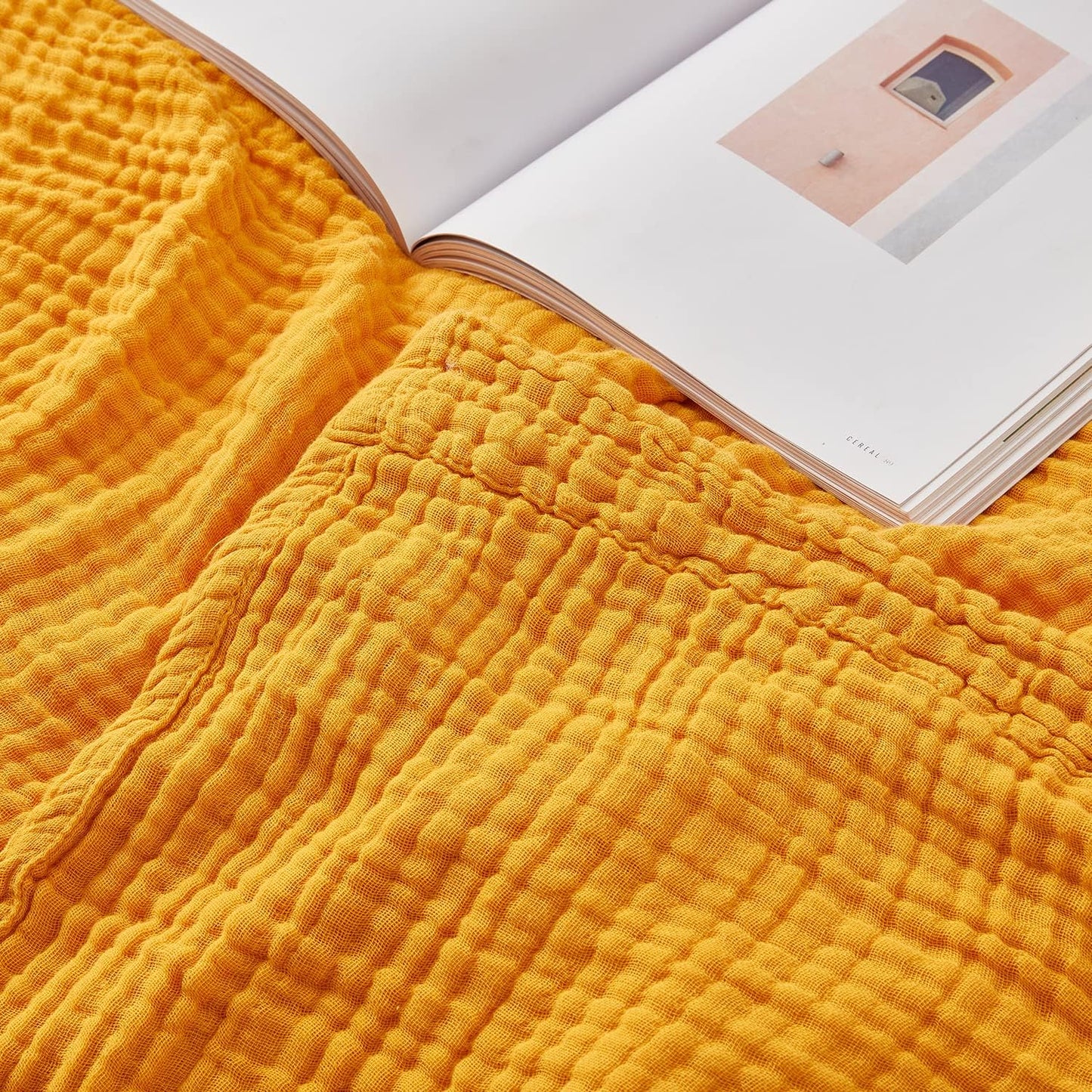EMME Cotton Throw Blanket for Couch Soft Muslin Blankets 50"x60" Lightweight Breathable Blanket All Season Gauze Blanket, Mustard Yellow