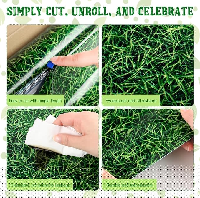 Kochorie 54 Inch x 100 Ft Grass Plastic Table Cloth Roll Disposable Waterproof Football Field Table Cover Plastic Table Cover Roll with Easy Slide Cutter for Jungle Party/Sport/Outdoor Picnic