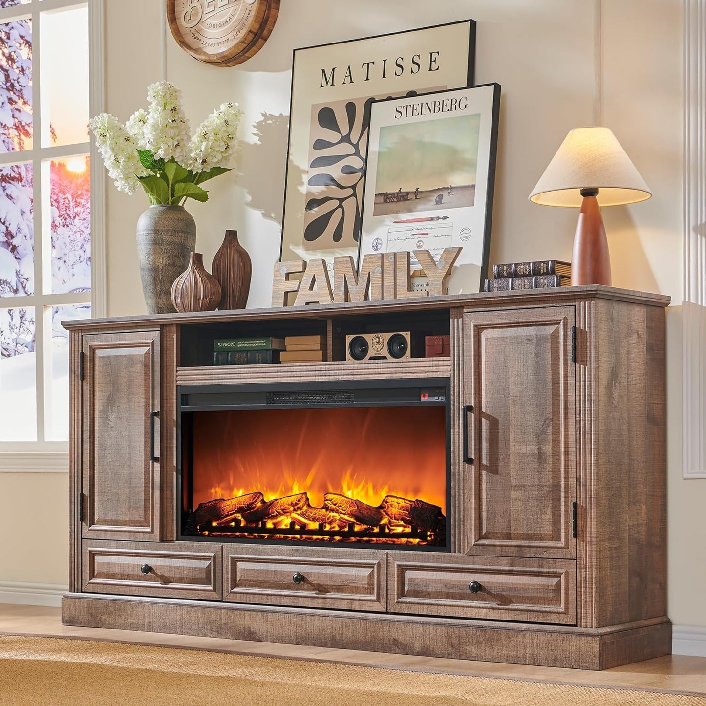 Fireplace TV Stand for 80 Inch TV, 35.7" Tall Farmhouse Entertainment Center W/36'' Electric Fireplace, Media Console with Large Storage Cabinets and Drawers for Living Room, Light Brown