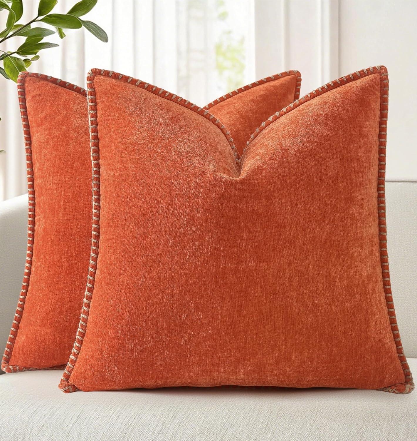 decorUhome Fall Chenille Soft Throw Pillow Covers 16x16 Set of 2, Farmhouse Velvet Neutral Decorative Euro Pillow Covers with Stitched Edge for Couch Sofa Bed Home Decor, Rust