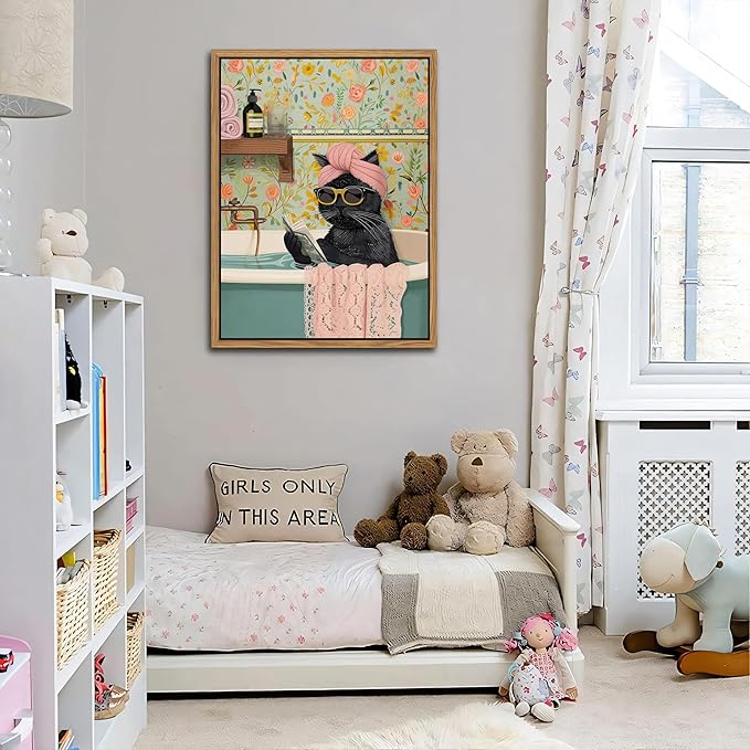 Floating Framed Bathroom Cat Canvas Wall Art, Funny Black Cat Reading Wall Decor, Cute Animal Prints Pictures Posters for Living Room Bedroom Toilet Kids Room Paintings 12x16 inch