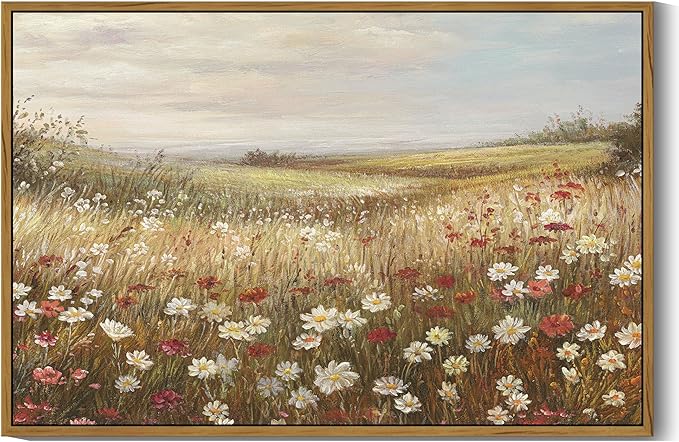 SHENIFY Vintage Framed Wall Art Meadow with Flowers Landscape Scenery Home Decor Retro Wildflower Field Decorations for Farmhouse Bedroom Ready to Hang Wall Artwork - 24x36in Natural Framed
