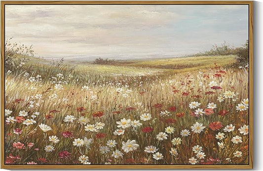 SHENIFY Vintage Framed Wall Art Meadow with Flowers Landscape Scenery Home Decor Retro Wildflower Field Decorations for Farmhouse Bedroom Ready to Hang Wall Artwork - 24x36in Natural Framed