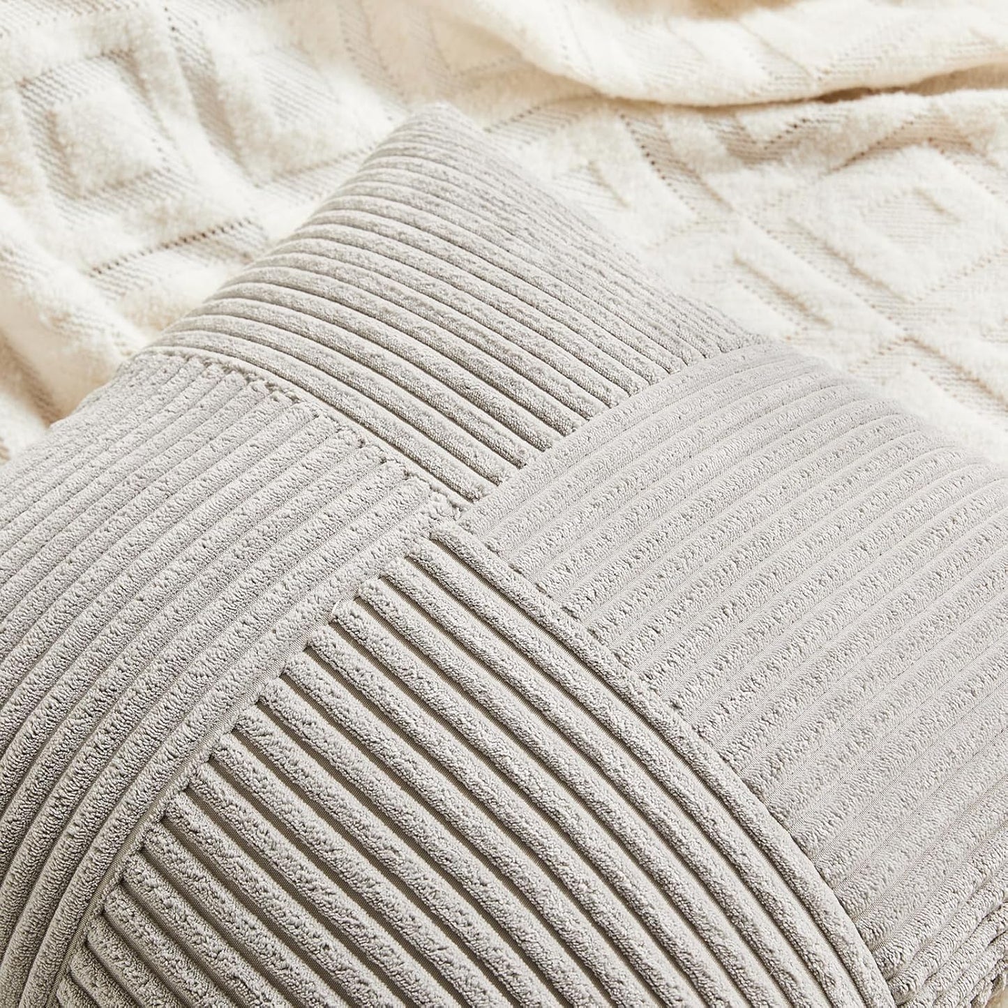 Fancy Homi 2 Packs Neutral Grey Big Decorative Throw Pillow Covers 24x24 Inch for Living Room Couch Bed, Rustic Farmhouse Boho Home Decor, Soft Corss Corduroy Patchwork Accent Square Cushion Case 60cm