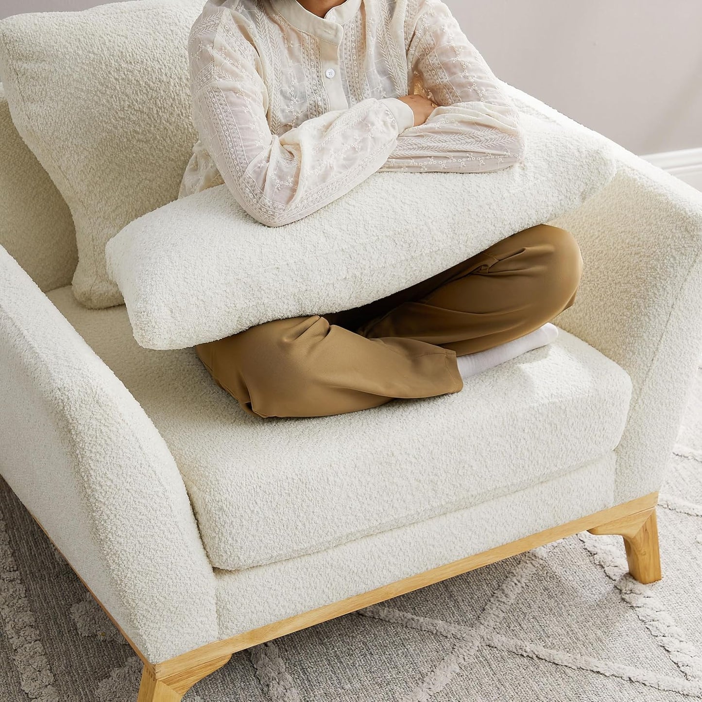 Large-Sized Accent Chair, Thick Cushion Bedroom Reading Chair, Comfortable Living Room Single Sofa, Boucle Milky White