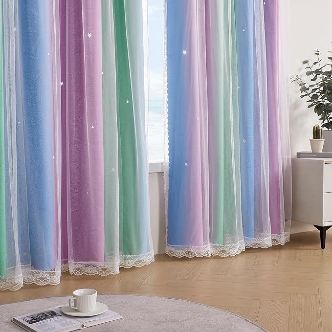 XiDi Curtains for Bedroom Decor, Rainbow Green PurpleBlue34/90/1
