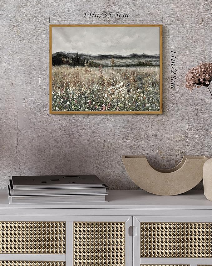 SHENIFY Vintage Landscape Framed Wall Art Meadow Flowers Farmhouse Decor Retro Classic Painting for Kitchen Living Room Bedroom Bathroom - 11x14in Natural Framed