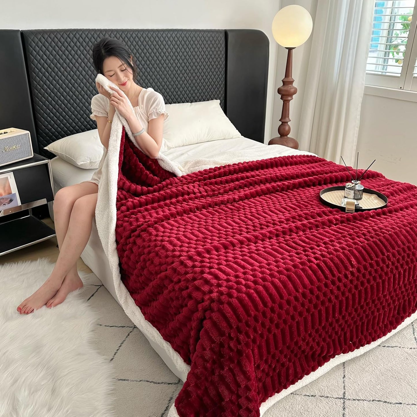 UKELER Sherpa Throw Blanket 60 × 80 inch, 470 GSM Striped Sherpa Fleece Blanket for All Season, Warm and Cozy Blankets for Couch Sofa Bed Office Camping, Red