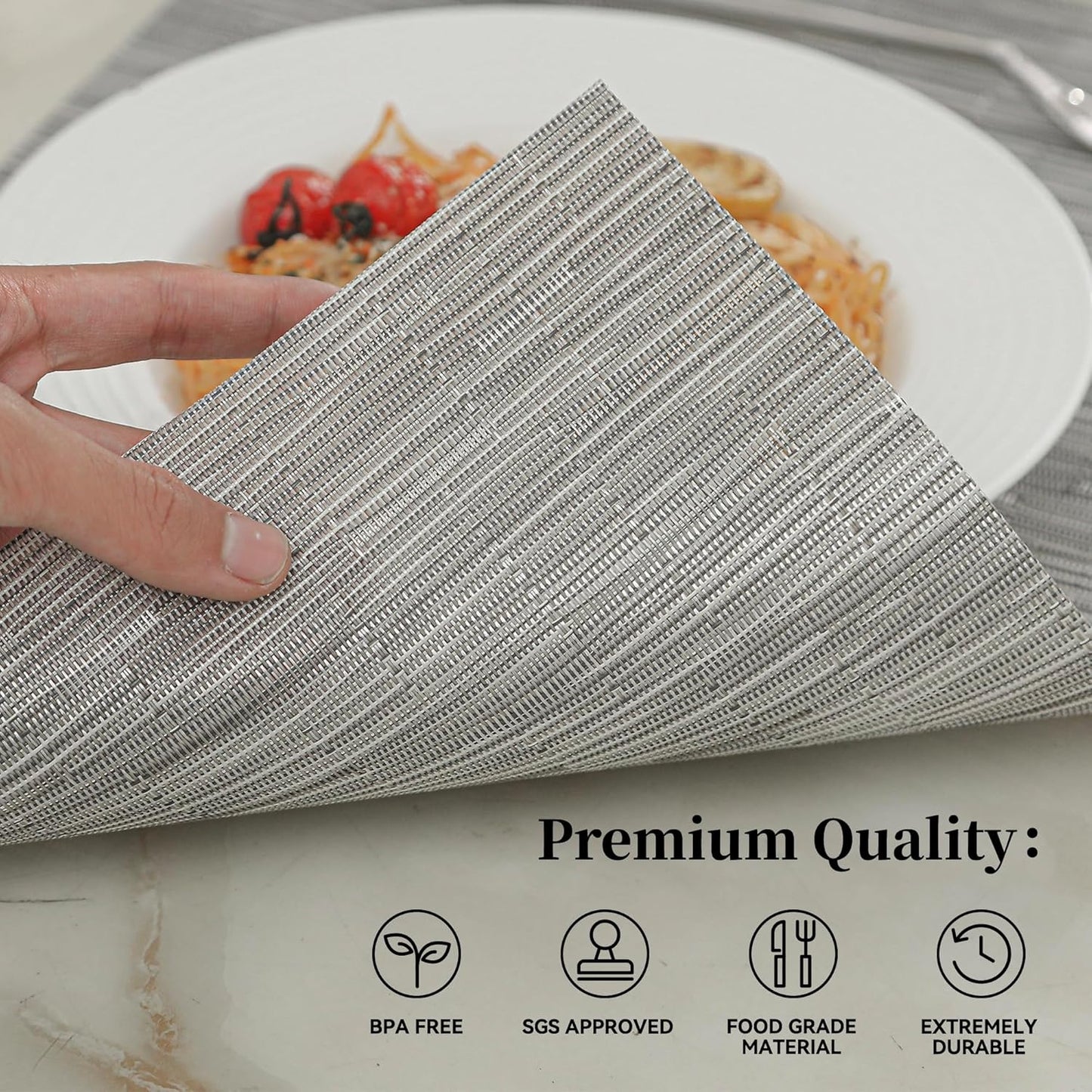 Leetaltree Silver Placemats Set of 12 - Heat Resistant Non-Slip Place mats for Dining Table, Washable Durable PVC Vinyl Woven Table Mats（Sliver, 12）